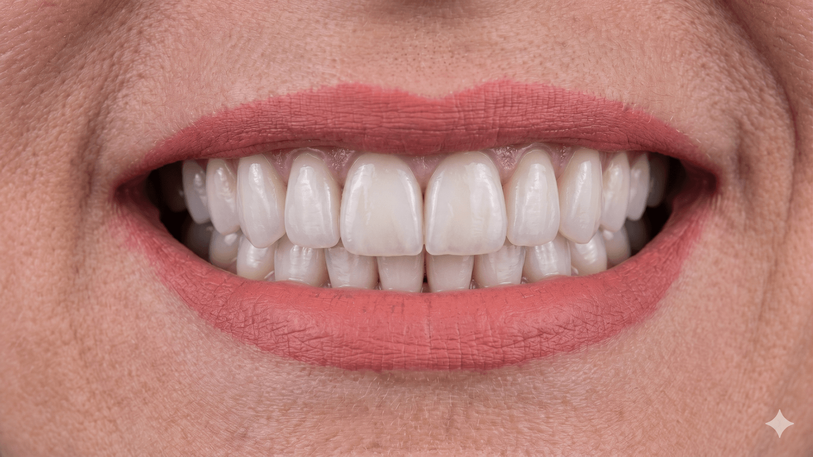 Sorriso femminile luminoso e uniforme dopo lo smile makeover