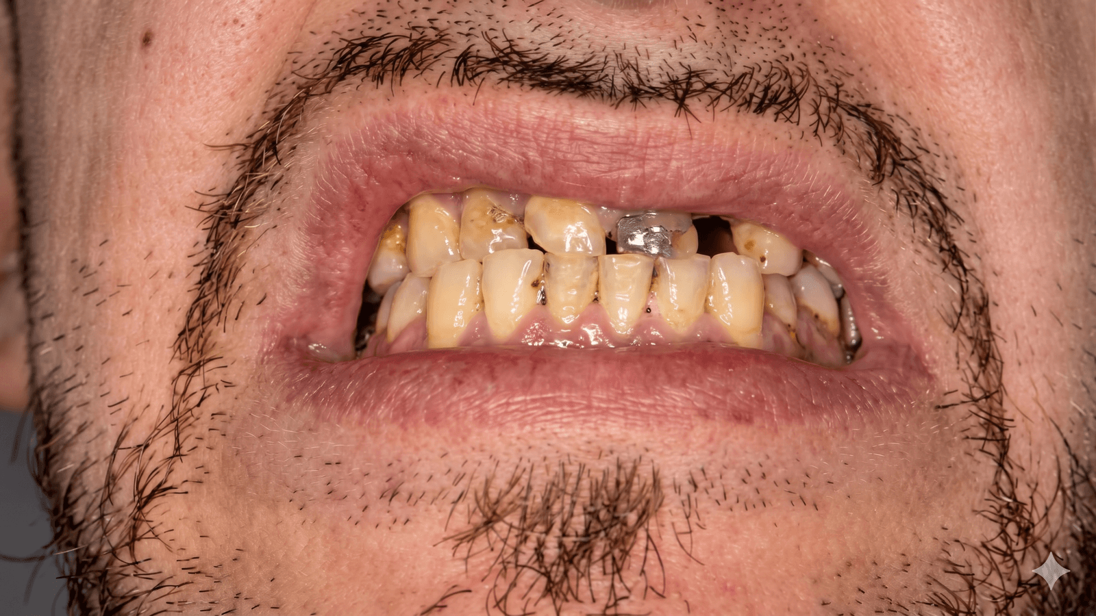 Denti anteriori danneggiati e mancanti prima della ricostruzione